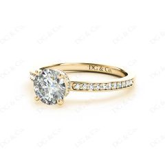 Round Cut Four Claw Set Diamond Ring with Round Pave Set Side Stones in 18K Yellow