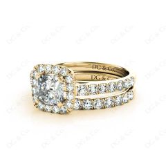 Cushion cut halo diamond wedding set rings with four claw setting in 18K Yellow