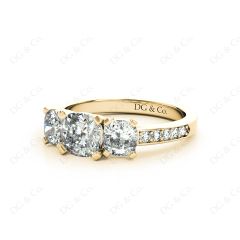 Cushion Cut Trilogy Ring with Channel Set Shoulder Diamonds in 18K Yellow