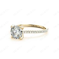 Round Cut Cross Over ring claw set diamond with pave set side stone in 18K Yellow