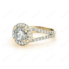 Round Cut Halo Diamond Engagement ring with claw set centre stone in 18K Yellow