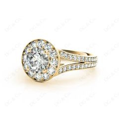 Round Cut Halo Diamond Engagement ring with claw set centre stone in 18K Yellow