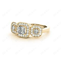Princess Cut Trilogy Halo Diamond Engagement Ring in 18K Yellow