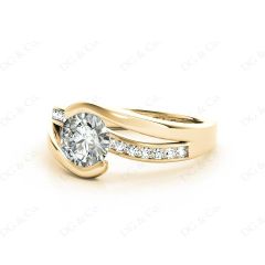 Round Cut Cross Over Ring Half Bezel Set Diamond Engagement Ring with Channel Set Side Stones in 18K Yellow