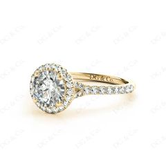 Round Cut Diamond Ring With Round Cut Diamonds Scallop Set on the Halo and Down the Shoulders in 18K Yellow