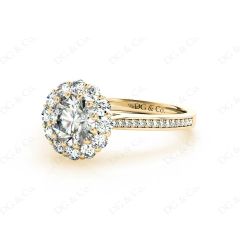 Round Cut Flower Halo Diamond Ring with a Claw Set Halo and Pave Set Side Stones in 18K Yellow