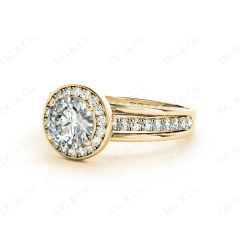 Triple Band Round Cut Diamond Halo Engagement Ring with Pavé Set Side Stones and Halo in 18K Yellow