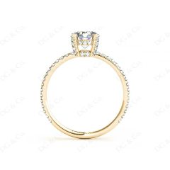 Round Cut Four Claw Set Diamond Ring with Scallop Set Round Cut Diamonds Pave Setting with two Side Halos and on the Band. in 18K Yellow