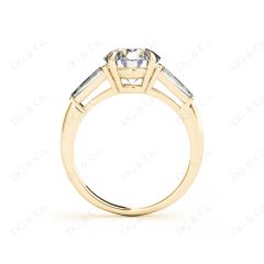 Round Cut Classic Three Stones Ring with Tapered Baguettes Diamond in 18K Yellow