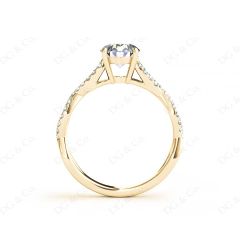 twist Band Round Cut Four Claw Set Diamond Engagement Ring with Pave Set Stones Down the Shoulders in 18K Yellow