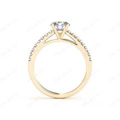 Round Cut Four Claw Set Diamond Ring with Round Pave Set Stones Down the Shoulders in 18K Yellow