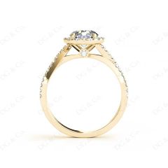 Round Cut Split Shank Diamond Halo Engagement Ring with Pave Set Side Stones Down the Band in 18K Yellow