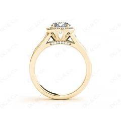 Vintage Style Round Cut Split Shank Milgrain Halo Set Engagement Ring with Channel Set Side Stones in 18K Yellow