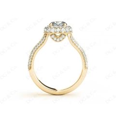 Round Cut Split Shank Milgrain Halo Engagement Ring with Micro Pave Set Diamonds on the Halo and sidestones in 18K Yellow