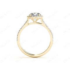 Round Cut Diamond Ring With Round Cut Diamonds Scallop Set on the Halo and Down the Shoulders in 18K Yellow