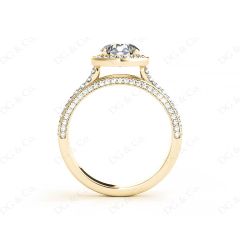 Triple Band Round Cut Diamond Halo Engagement Ring with Pavé Set Side Stones and Halo in 18K Yellow