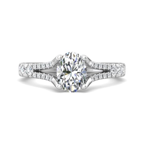 Oval Cut Split Shank Diamond Engagement Ring Four Claw Setting Centre Stone Pave Setting Side Stone In18K White Gold 