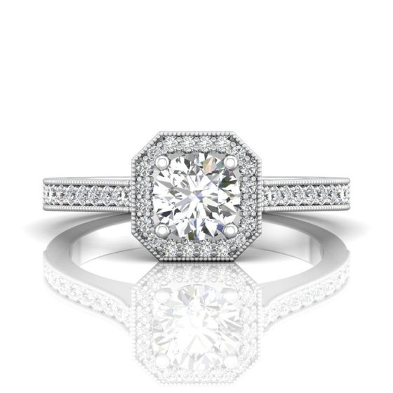 Vintage Round Cut Halo Diamond Engagement Ring With Four Claw Setting Centre Stone-18K White