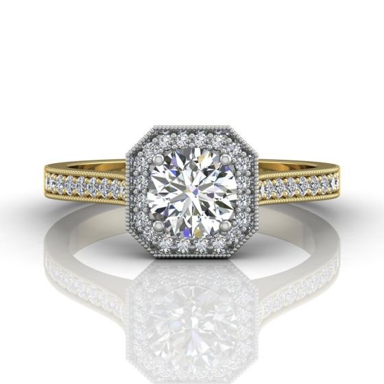 Vintage Round Cut Halo Diamond Engagement Ring With Four Claw Setting Centre Stone-18K Yellow