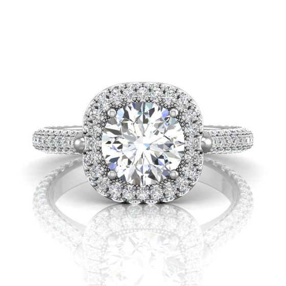 Round Cut Halo Diamond Engagement Ring Four Claw Pave Setting side stones -18K White