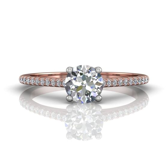 Round Cut Claw Set Hidden Halo Diamond Ring With Pave Set Side Stone-18K Rose