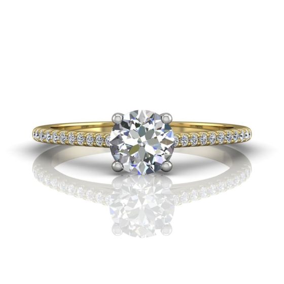 Round Cut Claw Set Hidden Halo Diamond Ring With Pave Set Side Stone-18K Yellow