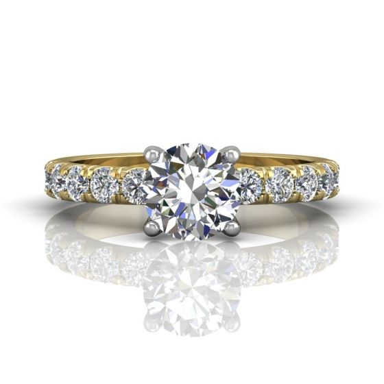 Round Cut Bright and Raised Claw Set Diamond Ring With Pave Set Side Stone -18K Yellow