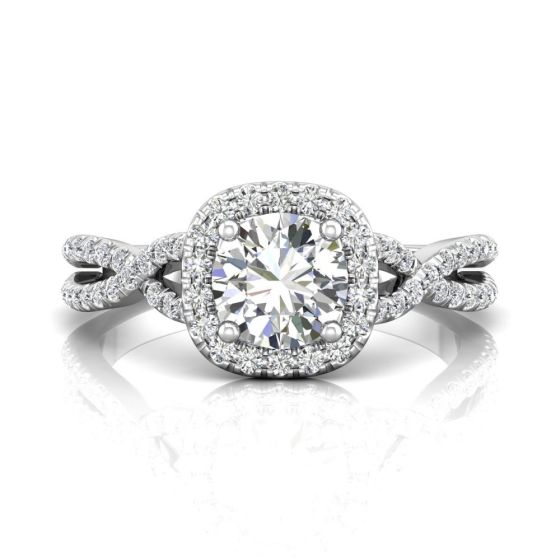 Cushion Cut Halo Diamond Engagement Ring Four Claw Setting With a Twist Band Pave Setting in Platinum