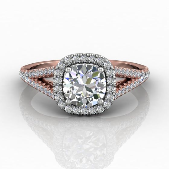 Cushion Cut Halo Diamond Engagement Ring With Four Claw Setting Centre Stone in 18k Rose Gold