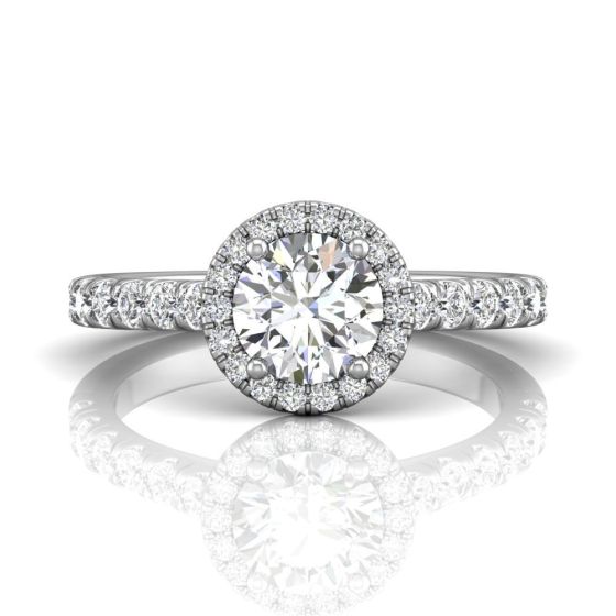 Round Cut  4 Claw Halo Diamond Engagement Ring with Pave Side Stones-18K White