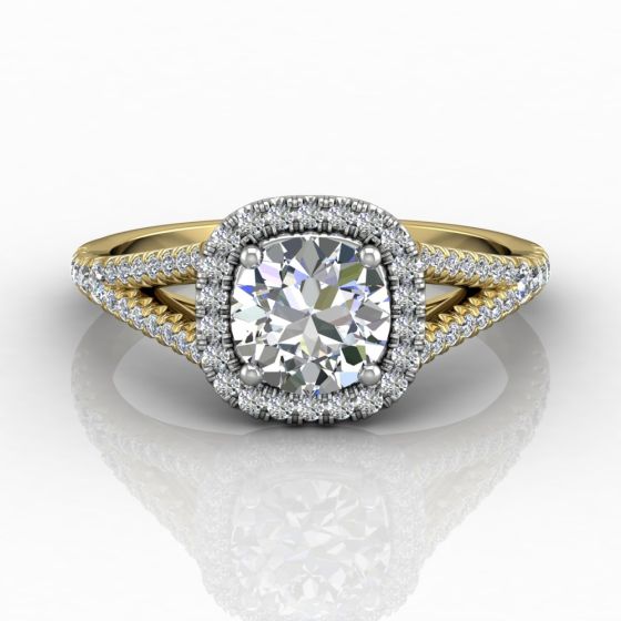 Cushion Cut Halo Diamond Engagement Ring With Four Claw Setting Centre Stone in 18k Yellow Gold