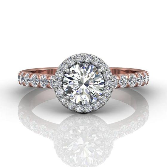 Round Cut  4 Claw Halo Diamond Engagement Ring with Pave Side Stones-18K Rose