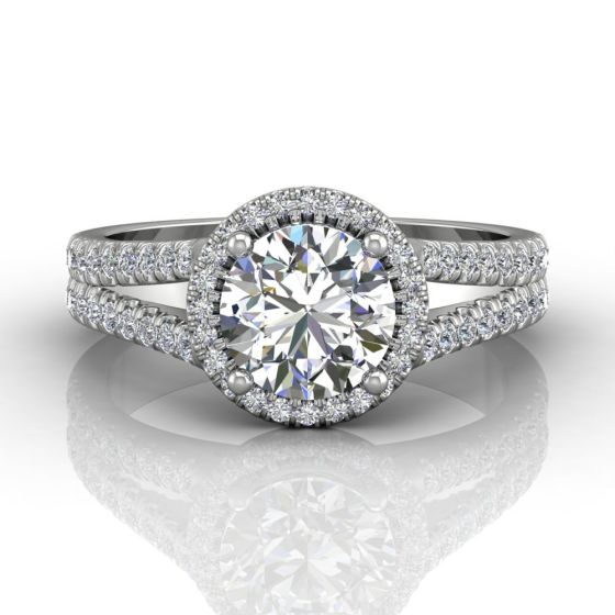 Round Cut Split Band Halo Diamond Engagement Ring With Four Claw Setting Centre Stone-Platinum