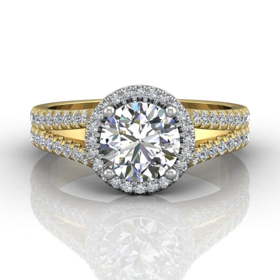 Round Cut Split Band Halo Diamond Engagement Ring With Four Claw Setting Centre Stone-18K Yellow