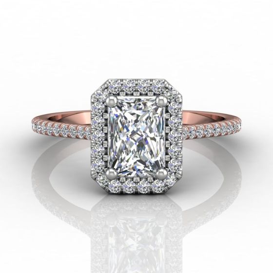 Radiant Cut Diamond Halo Engagement Ring with Pave Side Stones Setting -18K Rose