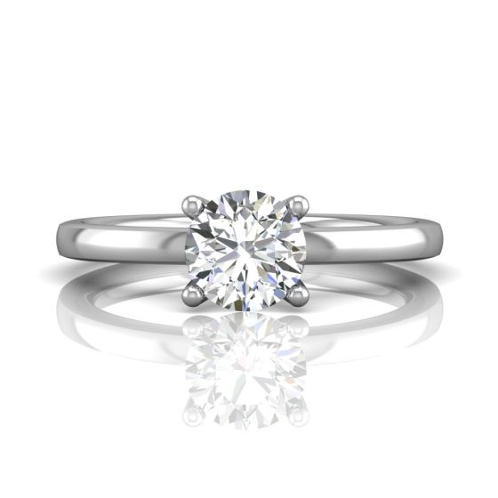 Round Cut 4 Prong Diamond Solitaire Engagement Ring in 18k White Gold Half Round Profile 