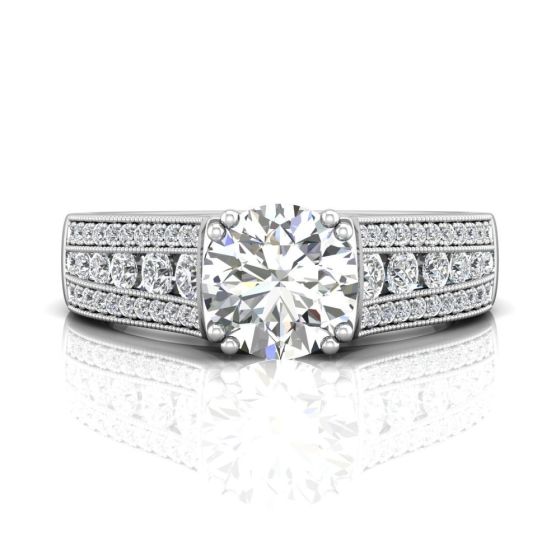 Round Cut Claw Set Diamond Ring With Three Row Side Stone-Platinum