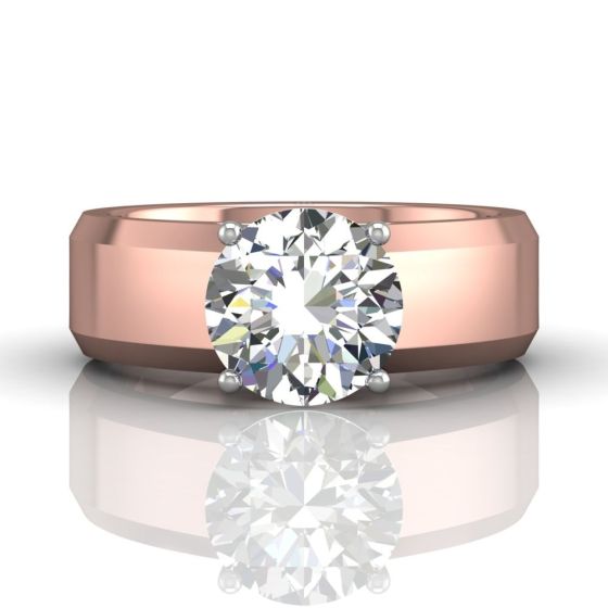 Wide Band Round Cut Diamond Engagement Solitaire Ring -18K Rose