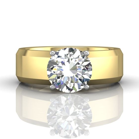 Wide Band Round Cut Diamond Engagement Solitaire Ring -18K Yellow