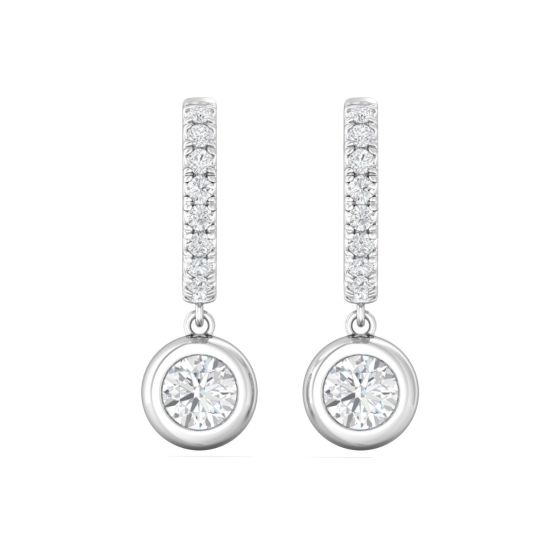 Hoop Diamond Earring Round Cut Bezel Setting Centre Stone Pave Setting Side Stone in 18K White Gold