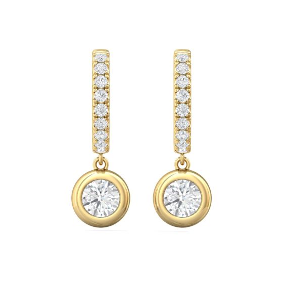 Round Cut Bezel Setting Diamond Earring Hoop Style In 18K Yellow Gold 