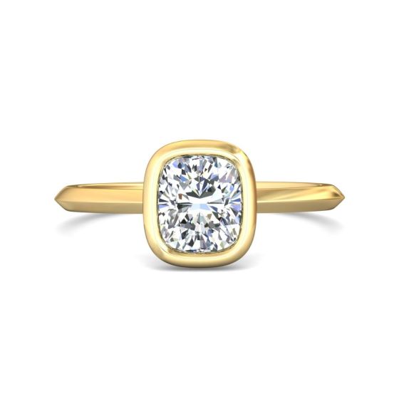 Cushion Cut Bezel Setting Diamond Engagement Ring In a Plain Knife Edge Band -18K Yellow