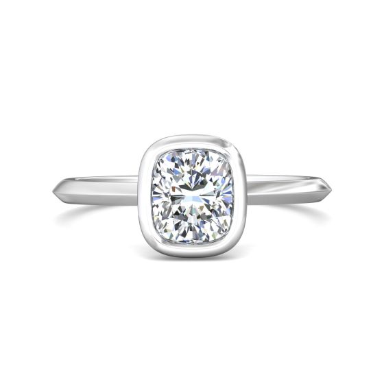 Cushion Cut Bezel Setting Diamond Engagement Ring In a Plain Knife Edge Band -Platinum