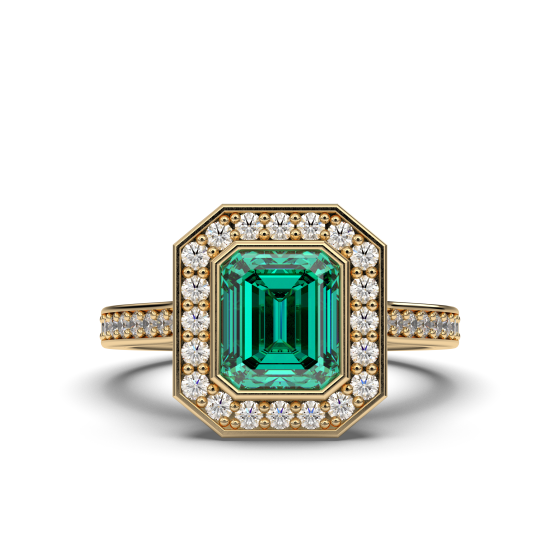 Bezel Set Emerald Cut Emerald Engagement Ring with Pavé Set Diamond Side Stones in 18K Yellow Gold 