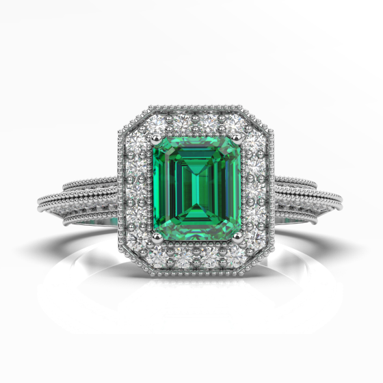 Emerald Halo Diamond Engagement Ring 4 Claw Setting Miligrain Pave Side Stones setting in 18K White Gold