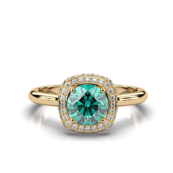 Emerald Round Cut Halo Diamond Ring 4 Claw Setting In 18K Yellow Gold with Pave Setting Side Stones 