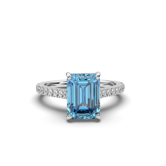 3.50CT Emerald Cut Santa Maria Aquamarine Diamond Ring 4 Claw Setting Centre Stone Pave Setting Side Stones In 18K White Gold 