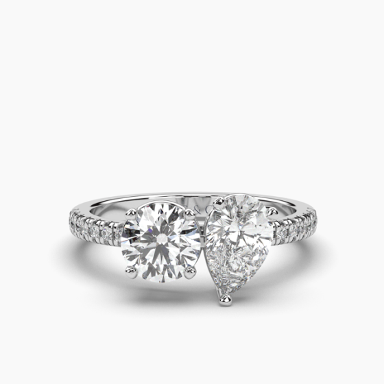 Pear & Round Diamond Two-Stone Engagement Ring Claw Setting Centre Stone Pave Setting Side Stone In18k White Gold 