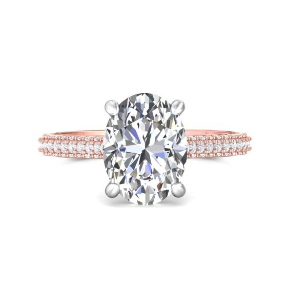 Oval Shape Four Claw Setting Hidden Halo Diamond Engagement Ring Pave Setting Side Stone In 18K White and Rose Gold 