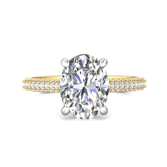 Oval Cut Hidden Halo Diamond Engagement Ring with Three Row Pave Shank Setting In 18K White and Yellow Gold 